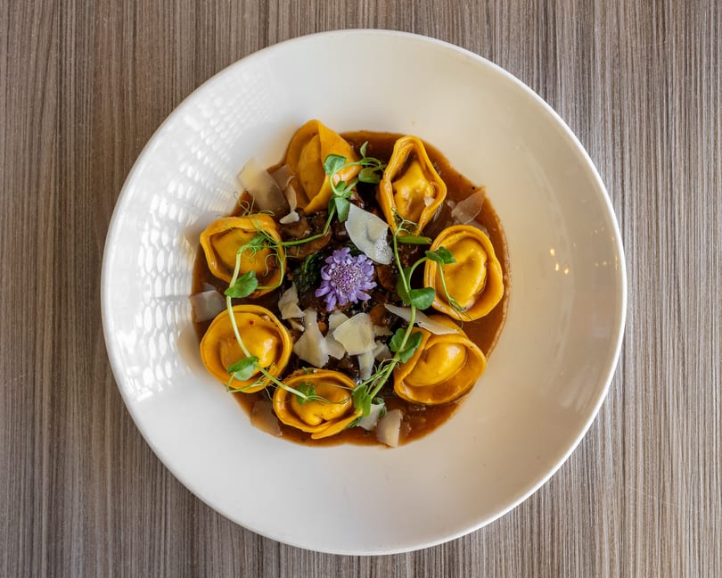 Overhead view of tortellini pasta in a rich sauce, garnished with cheese, microgreens, and a purple flower.